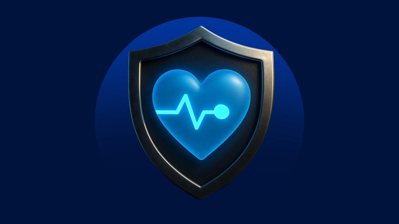 Shield with a heart and life line on it, against a blue background