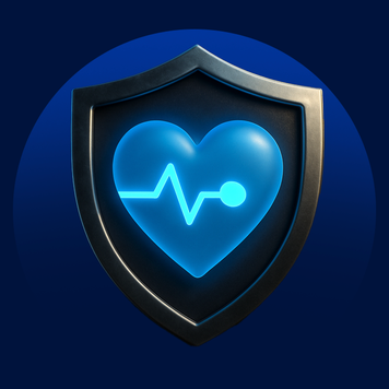 Shield with a heart and life line on it, against a blue background