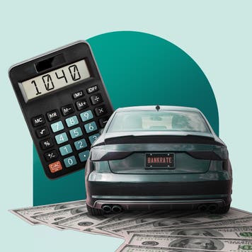 An illustration of a sedan parked on top of U.S. $100 bills. There is a calculator in the midground and the background is a mint green.