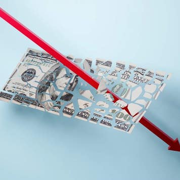A downward facing red arrow "crashing" trough a shattering $100 bill.
