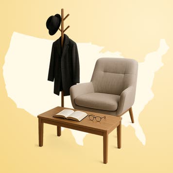 Image of a coat rack, with coat and hat hangin on it, standing next to a living room chair that sits behind a small coffee table that has an open book and glasses resting on it. This is superimposed on an outline of a map of the United States of America.