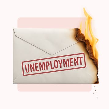 Illustration showing an envelope with the word unemployment on it starting to catch fire.