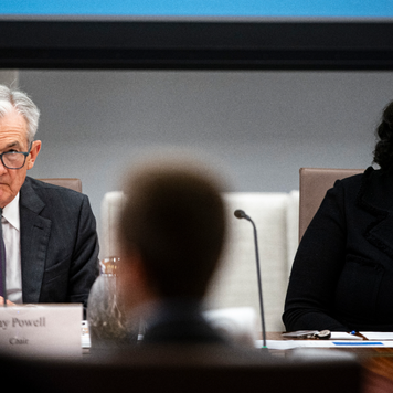 Jerome Powell, chairman of the US Federal Reserve, left, and Lisa Cook, governor of the US Federal Reserve, during the Federal Reserve Board open meeting in Washington, DC.