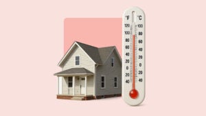 Image of a two story house on a pink background with a large thermometer next to it.