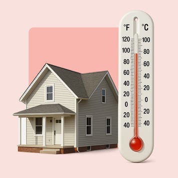 Image of a two story house on a pink background with a large thermometer next to it.