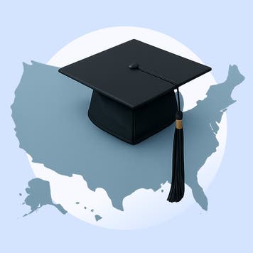 A graduation cap sitting on top of a plain map of the United States.