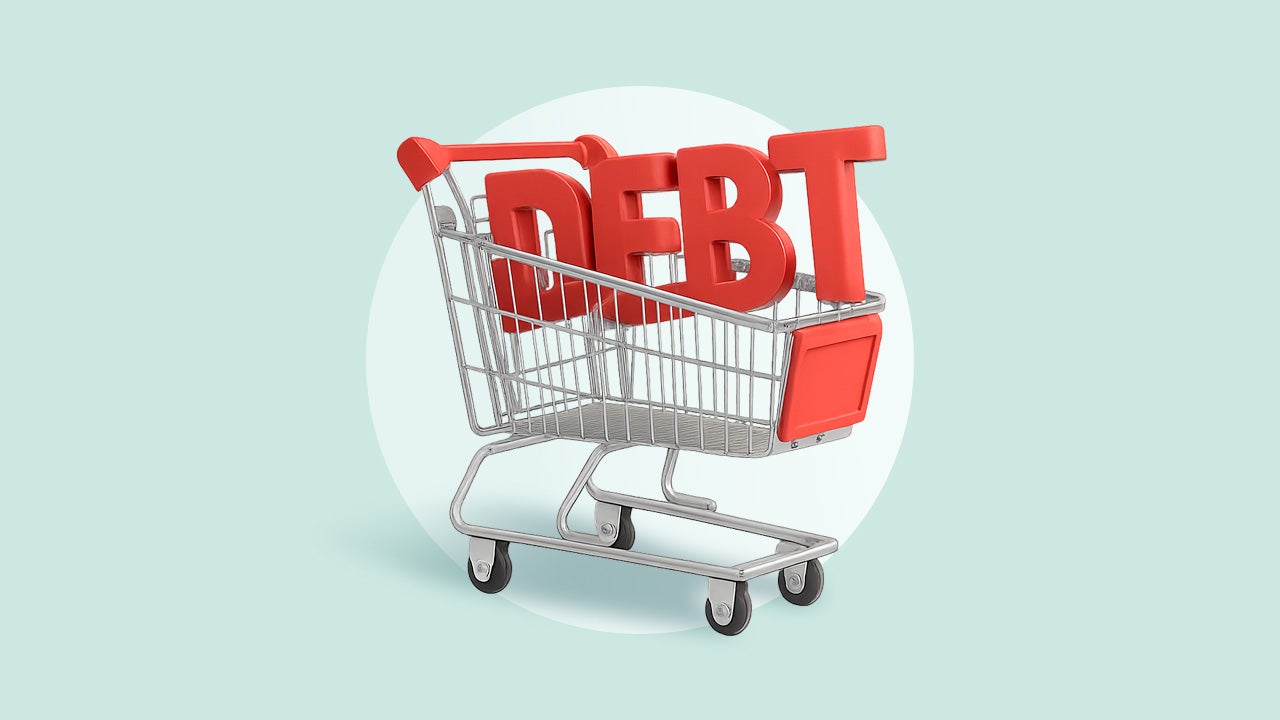 An illustrated shopping cart with the word "debt" inside it on a pale green background.