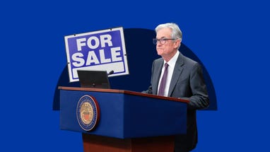 photo illustration: Fed Chairman Jerome Powell, for sale sign, blue background