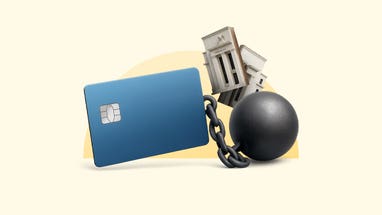 Design element including an illustrated credit card with a ball and chain attached.