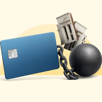 Design element including an illustrated credit card with a ball and chain attached.