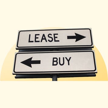Sign with the word lease pointing right and the word buy pointing left.
