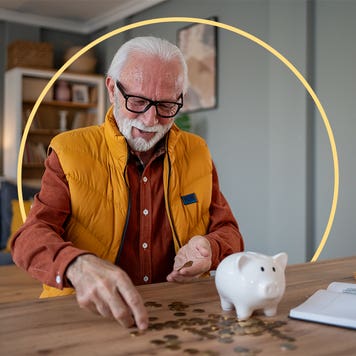 photo illustration: gray haired man with glasses thinking about retirement savings