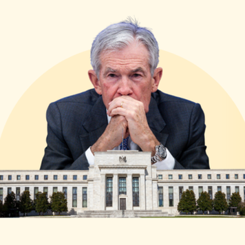 Fed Chair Jerome Powell is superimposed over the Fed Building, looking pensive