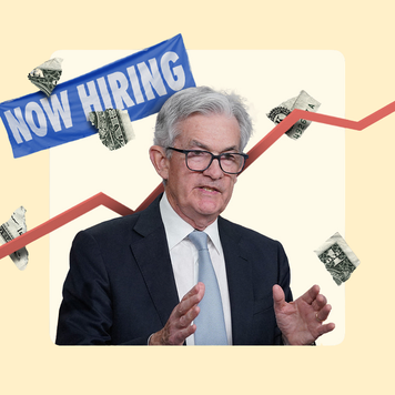 Illustration of Fed Chair Jerome Powell with a now hiring sign in the background.