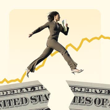 Woman leaping over a broken dollar bill with a line chart in the background