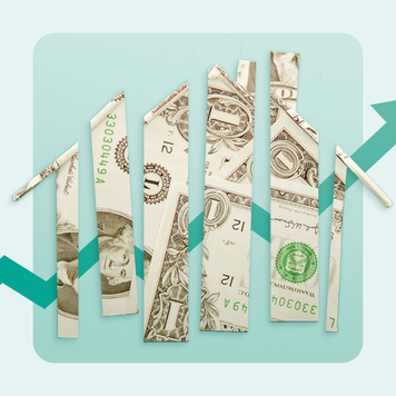 Torn-up dollar bills that create the shape of a house with an upward arrow in the background