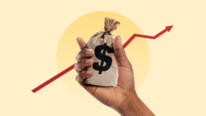 A hand grasps a bag of money, and an upward trend line is seen in the background