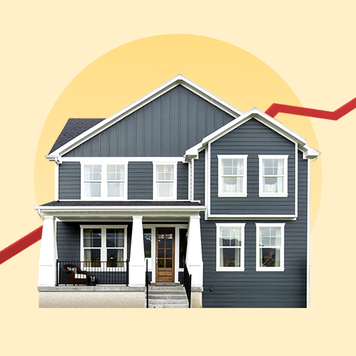 photo illustration of gray house and red arrow on a yellow background