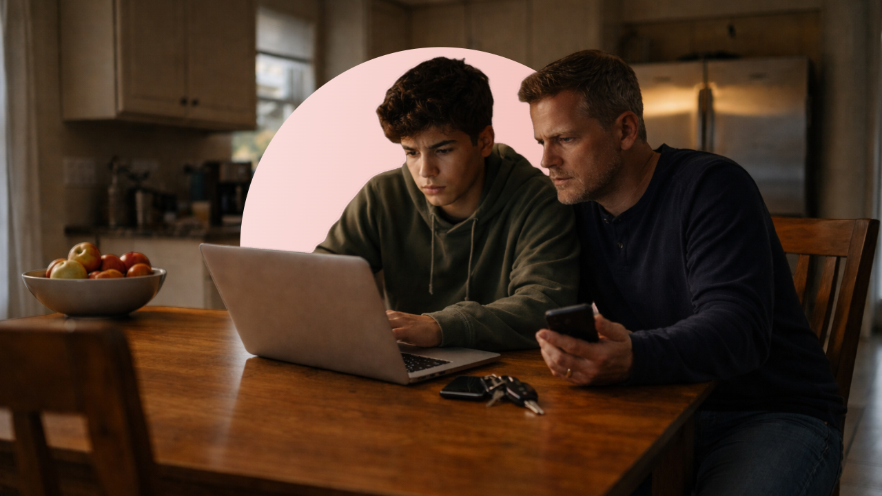 A father and son online shopping for auto insurance