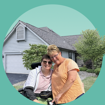 An image of two homeowners in front of their home, set on a green background