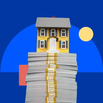 yellow house atop stack of money, blue background