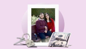 An image of two interview subjects set on a purple background with stock images of keys and a $100 bill in front