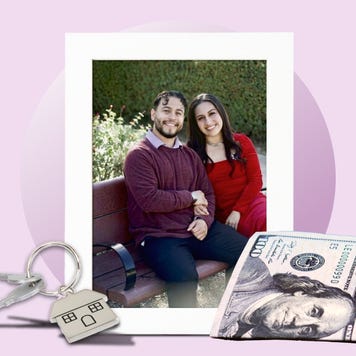 An image of two interview subjects set on a purple background with stock images of keys and a $100 bill in front