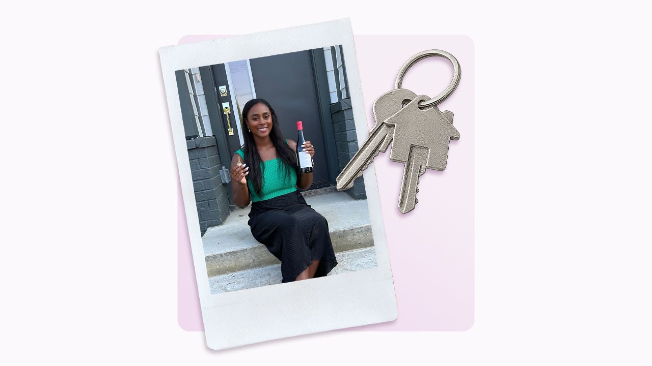 A woman in front of her home and a set of keys.