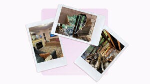 Images of an interview subject's home following a house fire set on a light purple background