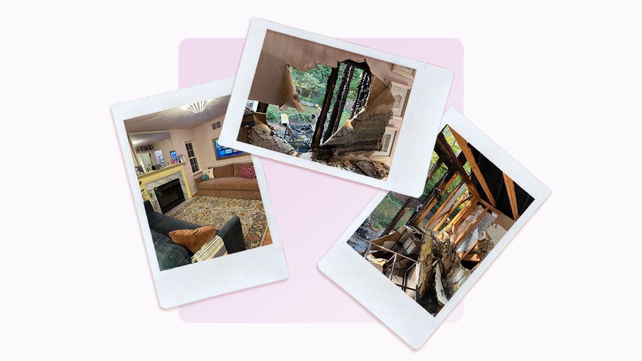 Images of an interview subject's home following a house fire set on a light purple background