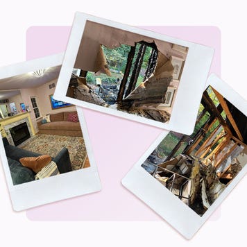 Images of an interview subject's home following a house fire set on a light purple background