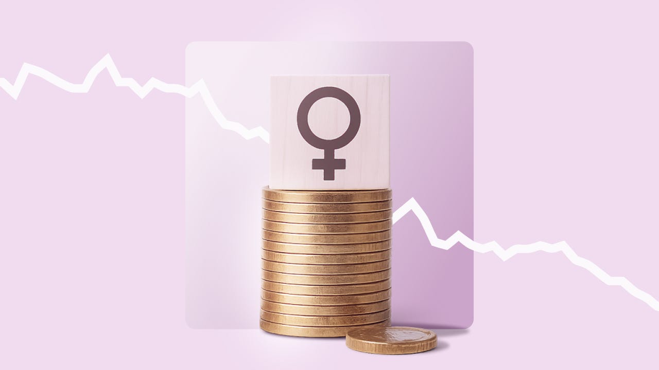 Female symbol sits atop a stack of coins.