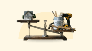 Illustration of a home on a scale balanced with home repair gear
