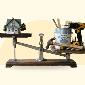Illustration of a home on a scale balanced with home repair gear