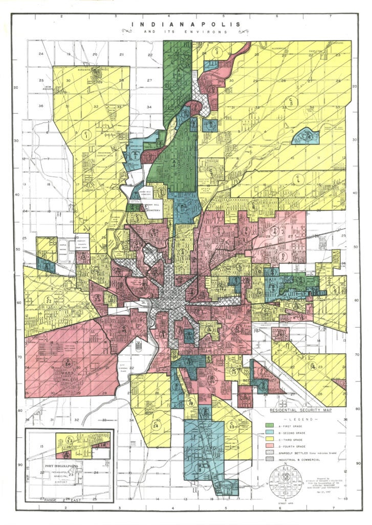 Map showing HOLC evaluations for Indianapolis in 1937.