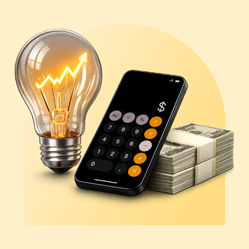 A lightbulb, cell phone and pile of $100 bils rest on a yellow background