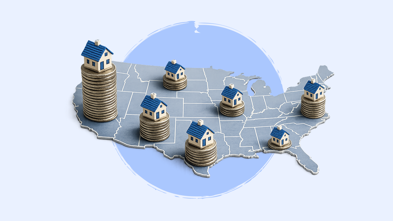 U.S. map with houses on top of stacked coins