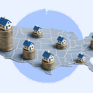 U.S. map with houses on top of stacked coins