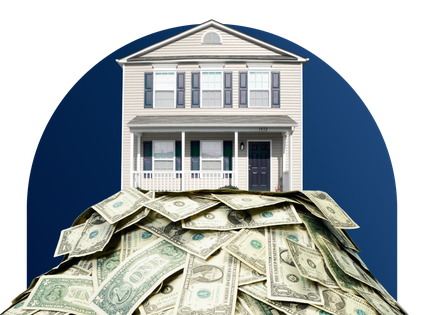 House with money piled up in front