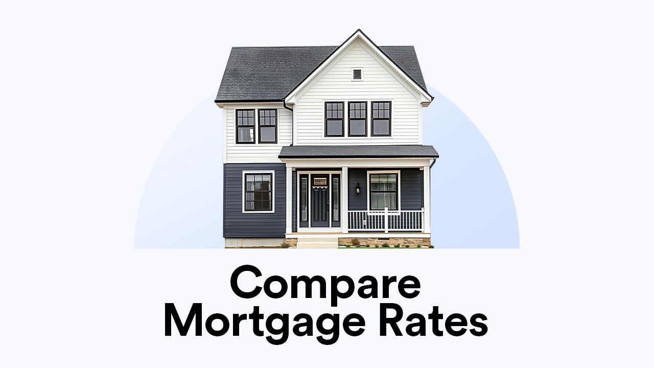Modern two-story home with title "Compare Mortgage Rates"