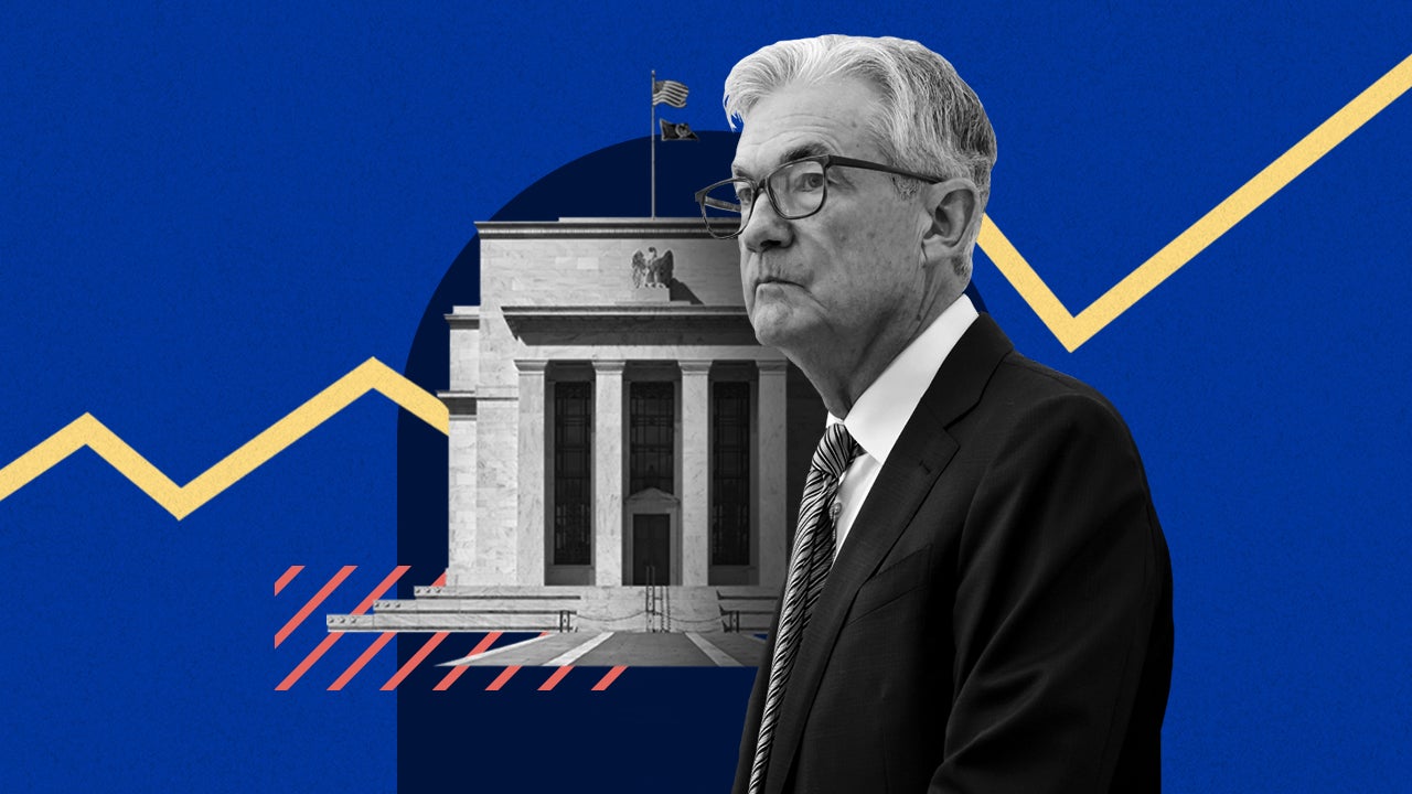 Collage of Jerome Powell and Fed building