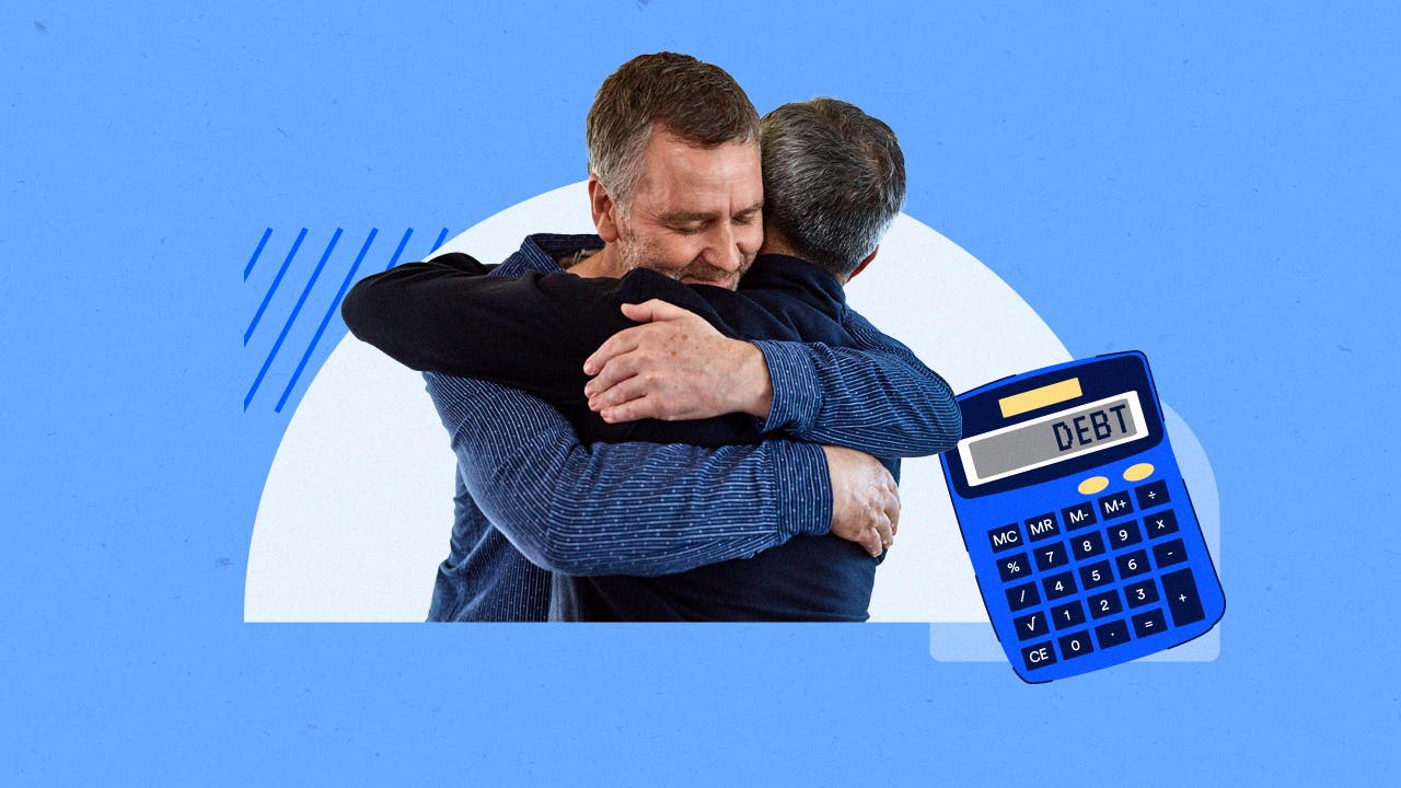 Illustrated collage featuring two men hugging and a calculator that has "DEBT" spelled out