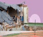 Footage of a home damaged by a sinkhole with graphical overlays and highlights