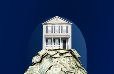 Bankrate awards 2024 home equity banner featuring a house with a large pile of money positioned in front of it