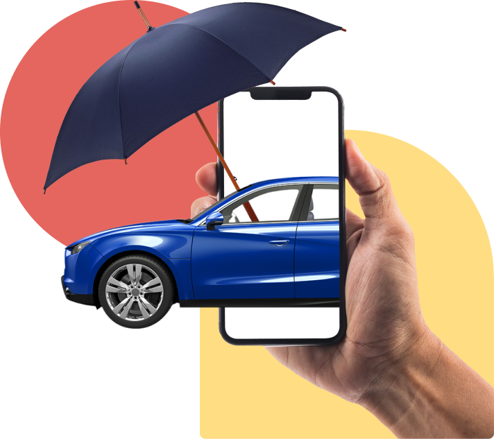 Collage of car coming out of a phone with umbrella
