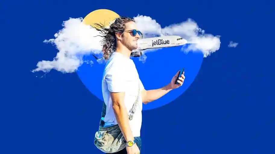 design element of a blue background showing a man holding a phone in front of him from side profile and a jetblue plane in the background