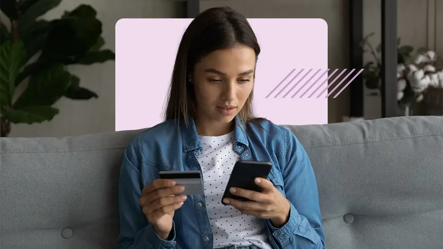 Design element including a person holding a phone in one hand, and a credit card in the other