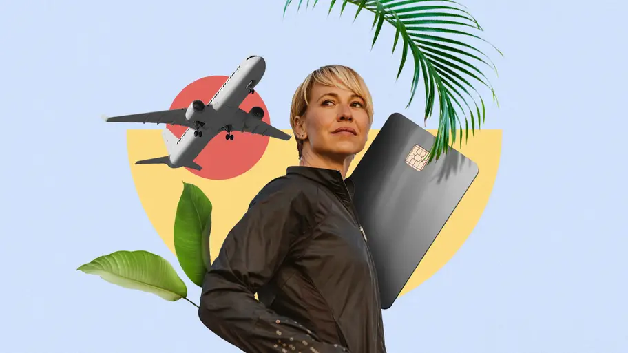 Woman in front of abstract background with a plane and palm tree