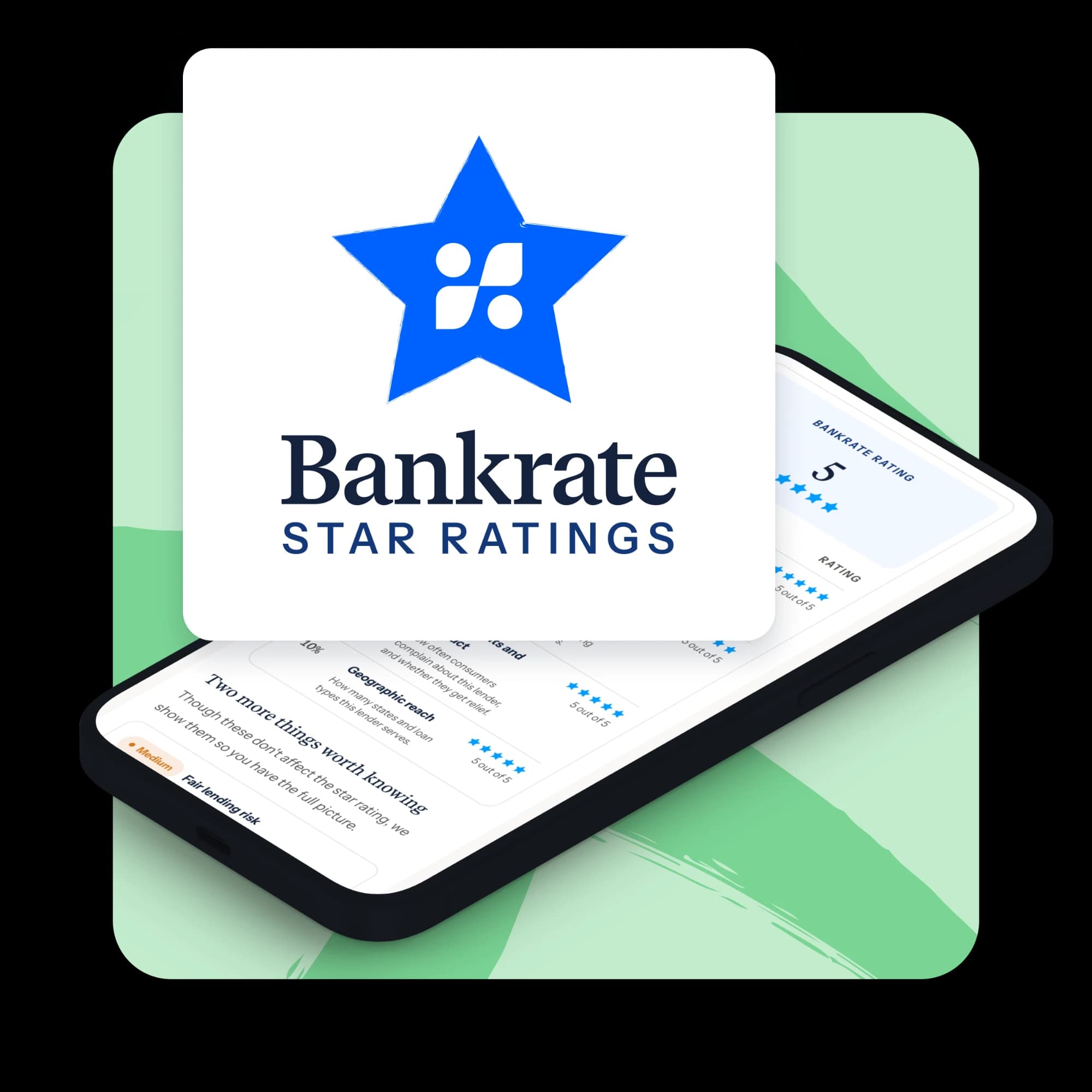 A phone showing a lender's Bankrate Rating breakdown, next to the Bankrate Star Ratings mark